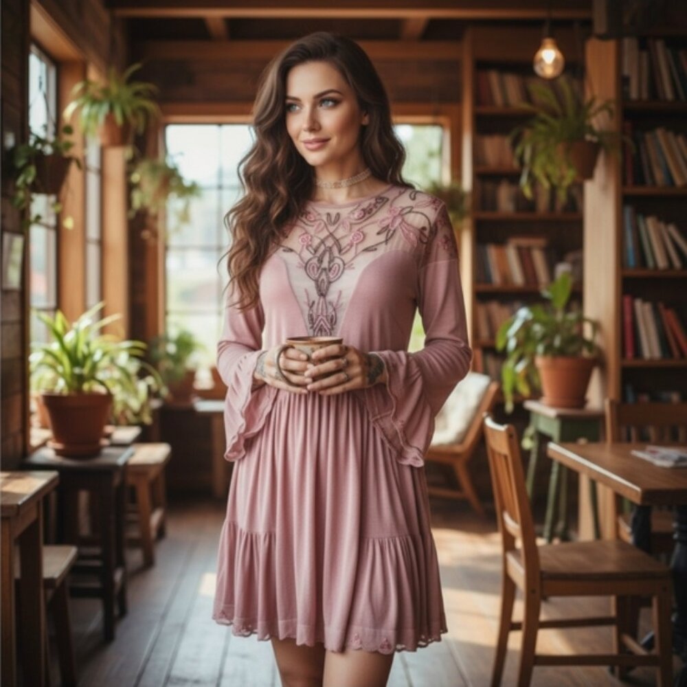 Free People ✦ Embroidered Dress ✦ Sparkly Mauve Tiered Mesh w/ Hematite Beading